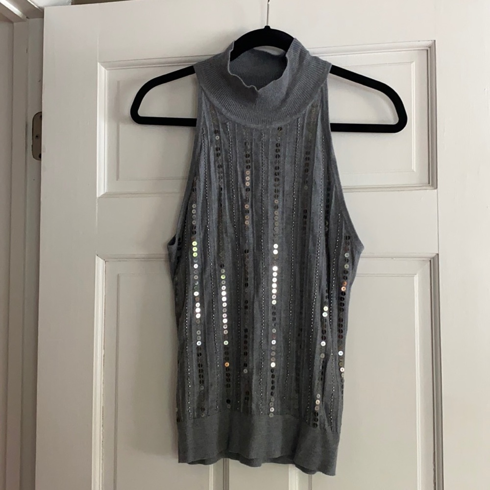 Heather gray sequined front mock turtleneck tank